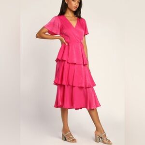 Lulus Always Forever Hot Pink Satin Midi Dress XS